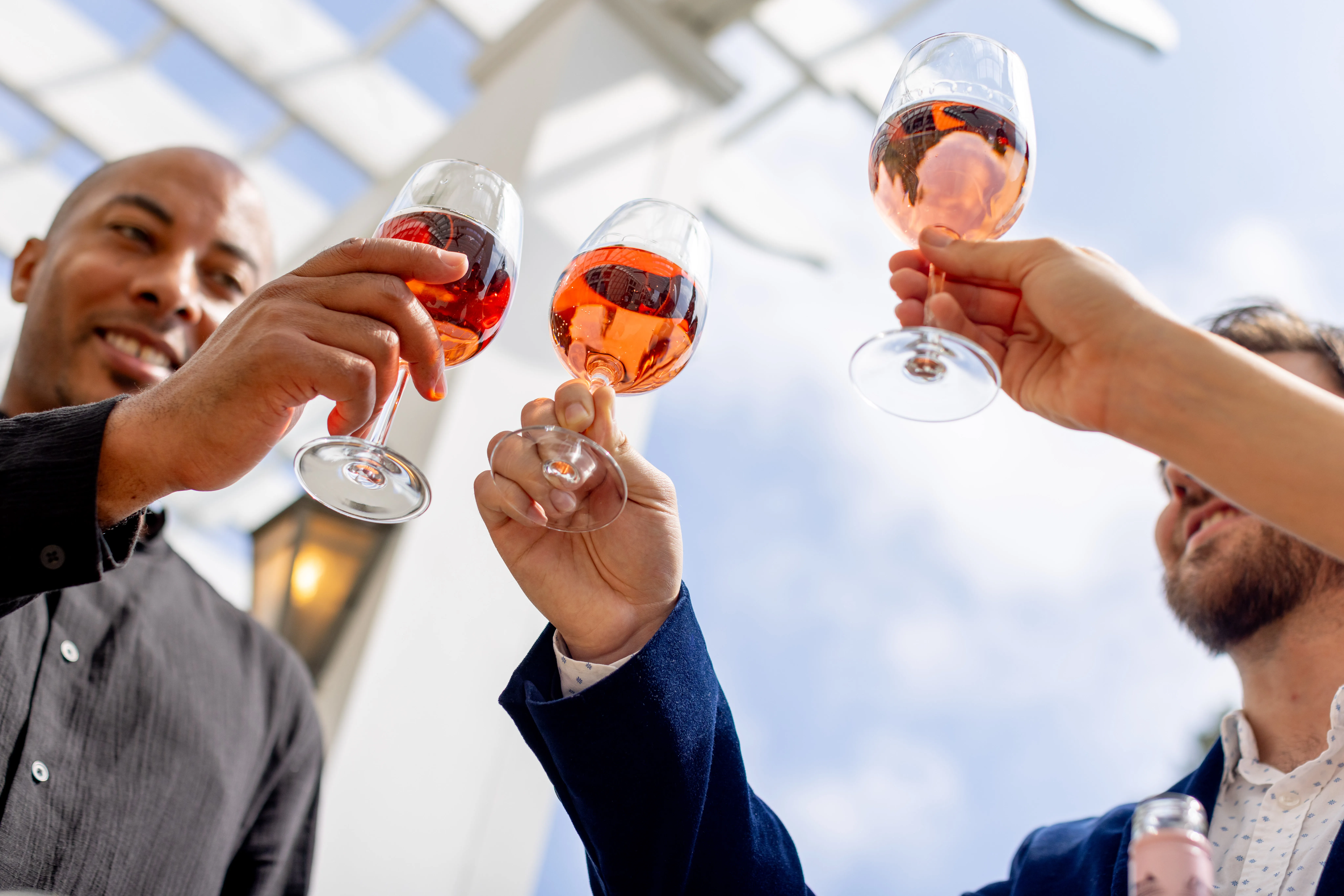 A group of three people cheers with glasses of rosé wine.