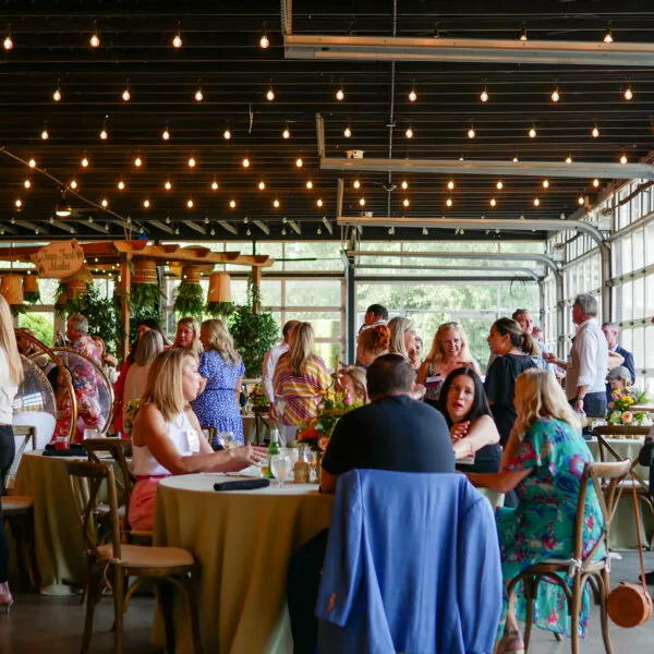 Group gathering at outdoor event under string lights
