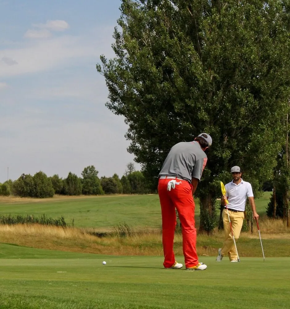 Two golfers on a green, one putting a ball and the other watching.